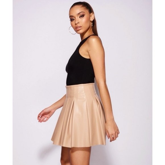 Nude Faux Leather Vegan Leather High Waist Pleated Mini Skater Skirt - Picture 5 of 15